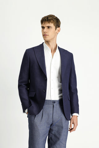 Koyu Lacivert 7 Drop Slim Fit Dar Kesim Yünlü Keten Karışımlı Klasik Ceket