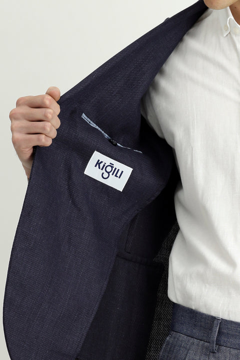 Dark Navy 7 Drop Slim Fit Classic Jacket in Wool and Linen Blend