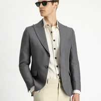 Dark Anthracite 7 Drop Slim Fit Classic Jacket in Wool and Linen Blend