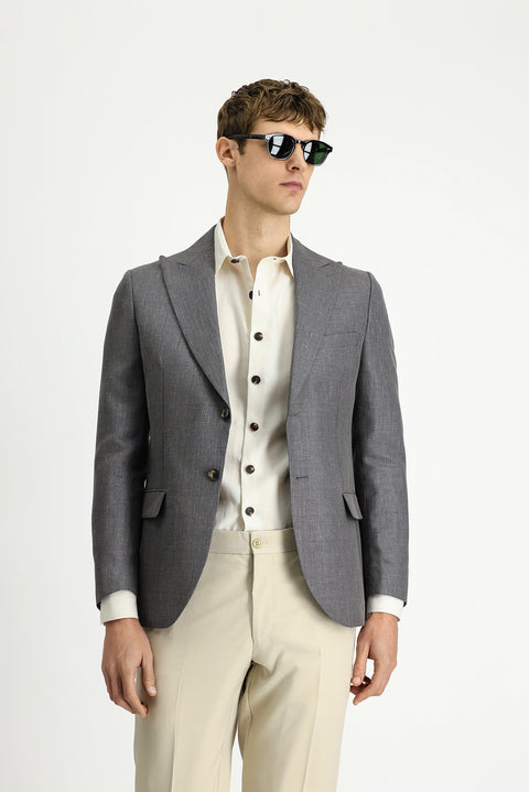 Dark Anthracite 7 Drop Slim Fit Classic Jacket in Wool and Linen Blend