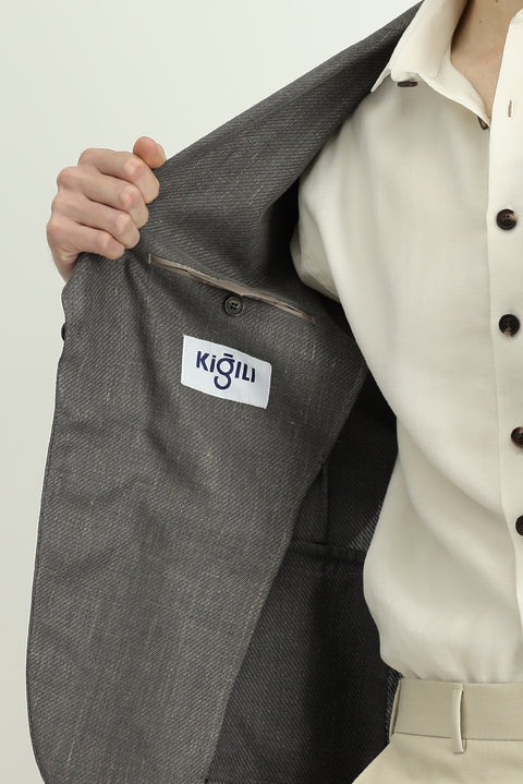 Dark Anthracite 7 Drop Slim Fit Classic Jacket in Wool and Linen Blend
