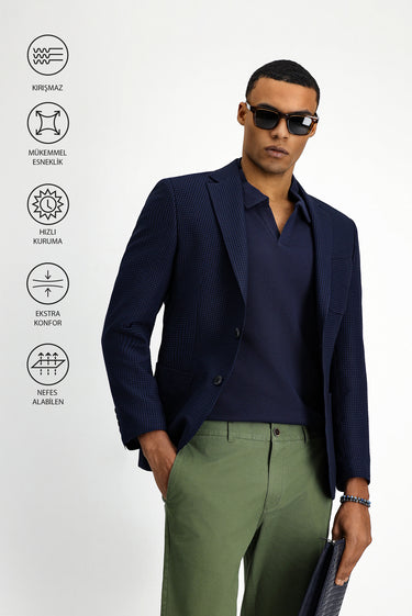 Koyu Lacivert Techno-Line Slim Fit Dar Kesim Likralı Ceket