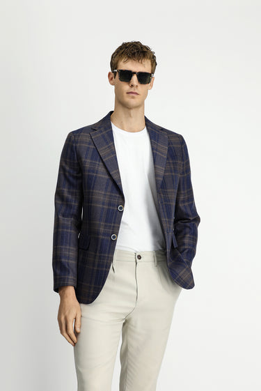 Koyu Lacivert Regular Fit Ekose Yünlü Ceket