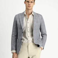 Koyu Füme Slim Fit Dar Kesim Yünlü Keten Karışımlı Ekose Spor Ceket