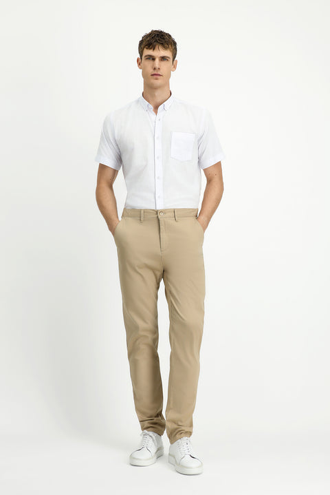 Light Beige Slim Fit Narrow Cut Elasticated Waist Stretchy Canvas / Chino Trousers