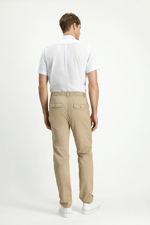 Light Beige Slim Fit Narrow Cut Elasticated Waist Stretchy Canvas / Chino Trousers