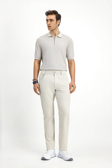 Ekru Slim Fit Dar Kesim Desenli Likralı Kanvas / Chino Pantolon