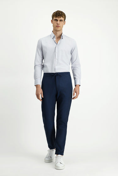 Koyu Lacivert Slim Fit Dar Kesim Desenli Beli Lastikli İpli Likralı Pantolon