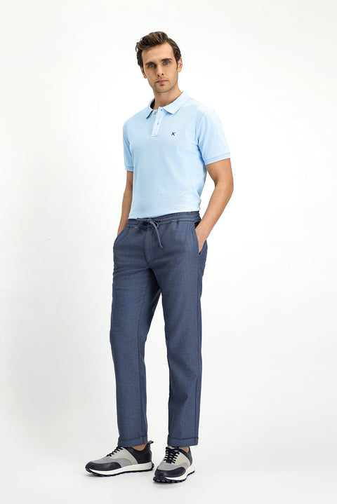 Koyu Mavi Slim Fit Dar Kesim Desenli Beli Lastikli İpli Likralı Jogger Pantolon