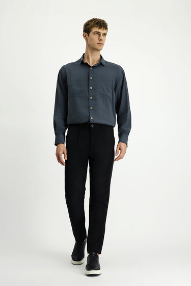 Siyah Slim Fit Dar Kesim Beli Lastikli Lyocell Kanvas / Chino Pantolon