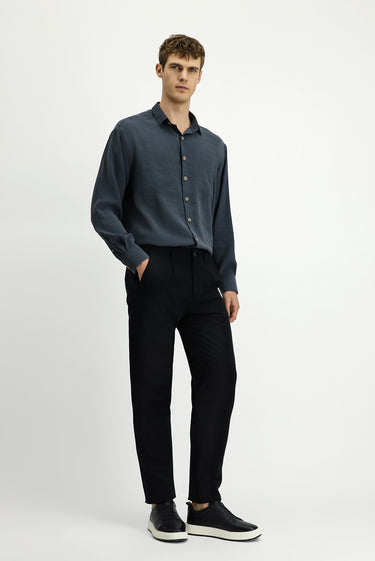 Siyah Slim Fit Dar Kesim Beli Lastikli Lyocell Kanvas / Chino Pantolon