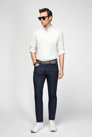 Orta Lacivert Slim Fit Dar Kesim Likralı Desenli Kanvas / Chino Pantolon