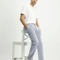 Lacivert-Beyaz Regular Fit Standart Kesim Likralı Çizgili Pileli Kanvas / Chino Pantolon