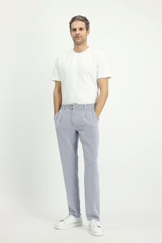 Lacivert-Beyaz Regular Fit Standart Kesim Likralı Çizgili Pileli Kanvas / Chino Pantolon