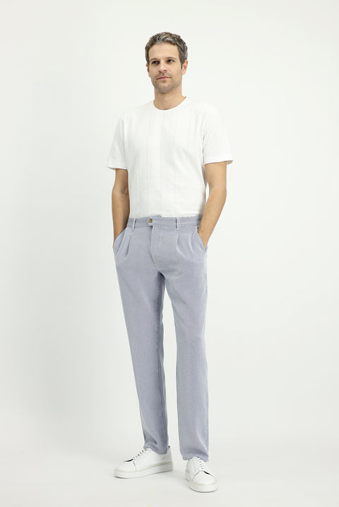 Lacivert-Beyaz Regular Fit Standart Kesim Likralı Çizgili Pileli Kanvas / Chino Pantolon