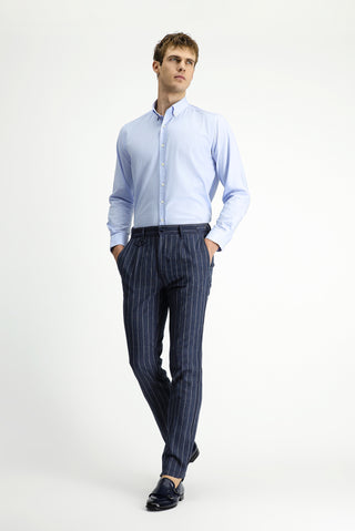 Orta Lacivert 7 Drop Slim Fit Dar Kesim Keten Karışımlı Çizgili Tokalı Klasik Kumaş Pantolon