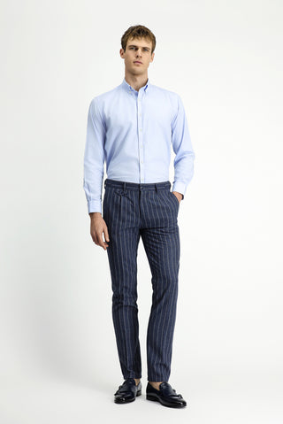 Orta Lacivert 7 Drop Slim Fit Dar Kesim Keten Karışımlı Çizgili Tokalı Klasik Kumaş Pantolon