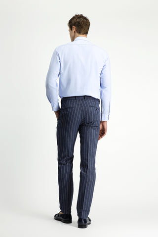 Orta Lacivert 7 Drop Slim Fit Dar Kesim Keten Karışımlı Çizgili Tokalı Klasik Kumaş Pantolon