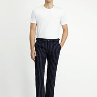 Koyu Lacivert Slim Fit Dar Kesim Keten Karışımlı Çizgili Tokalı Klasik Kumaş Pantolon