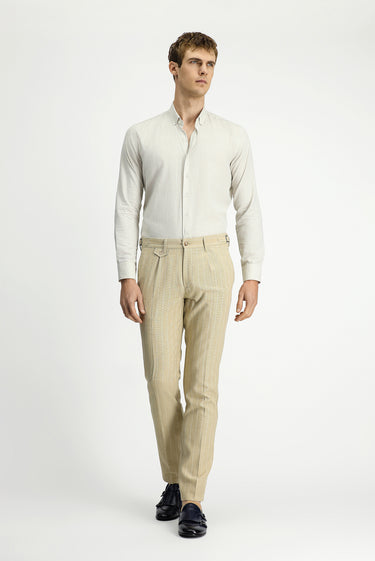 Açık Bej Slim Fit Dar Kesim Keten Karışımlı Çizgili Tokalı Klasik Kumaş Pantolon