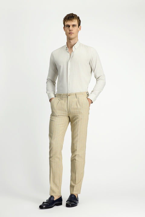 Açık Bej 7 Drop Slim Fit Dar Kesim Keten Karışımlı Çizgili Tokalı Klasik Kumaş Pantolon