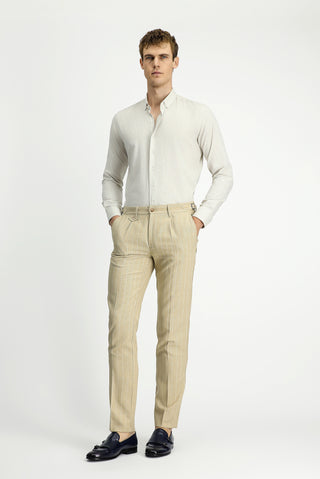 Açık Bej 7 Drop Slim Fit Dar Kesim Keten Karışımlı Çizgili Tokalı Klasik Kumaş Pantolon
