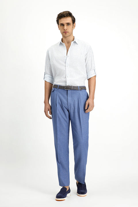 Blue 6 Drop Regular Fit Standard Cut Linen Blend Pleated Classic Fabric Trousers