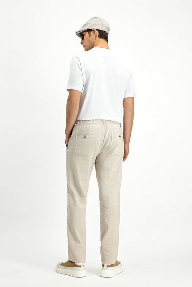 Açık Bej Slim Fit Dar Kesim Beli Lastikli Keten Pantolon