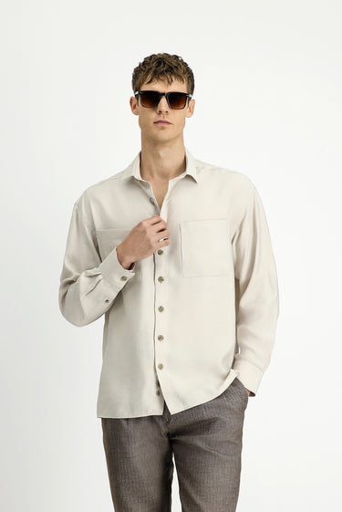 Açık Bej Uzun Kol Oversize Modal Karışımlı Gömlek