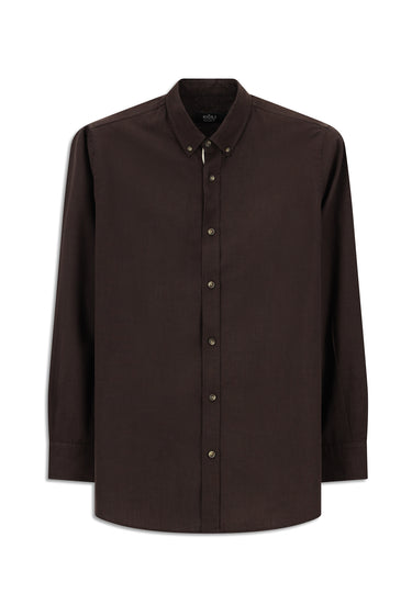 Koyu Kahve Uzun Kol Regular Fit Düğmeli Yaka Keten Görünümlü Spor Pamuk Gömlek