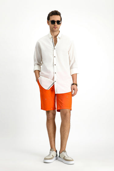 Beyaz Uzun Kol Regular Fit Düğmeli Yaka Keten Görünümlü Spor Pamuk Gömlek