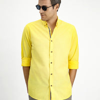 Light Yellow Long Sleeve Regular Fit Button-Down Collar Linen-Look Sporty Cotton Shirt