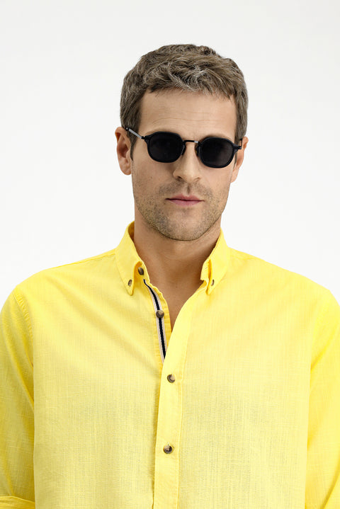 Light Yellow Long Sleeve Regular Fit Button-Down Collar Linen-Look Sporty Cotton Shirt
