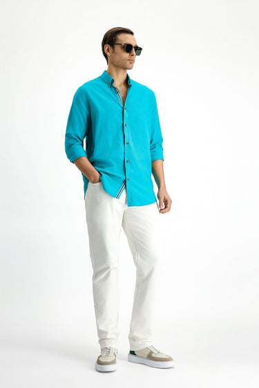 Koyu Turkuaz Uzun Kol Regular Fit Düğmeli Yaka Keten Görünümlü Spor Pamuk Gömlek