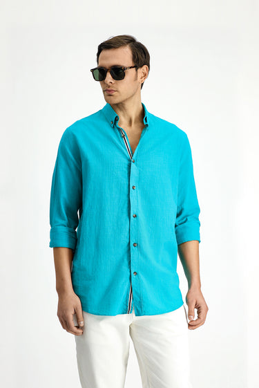 Koyu Turkuaz Uzun Kol Regular Fit Düğmeli Yaka Keten Görünümlü Spor Pamuk Gömlek
