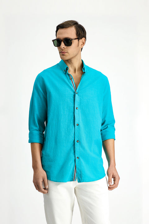 Dark Turquoise Long Sleeve Regular Fit Button-Down Collar Linen-Look Sporty Cotton Shirt