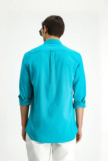 Koyu Turkuaz Uzun Kol Regular Fit Düğmeli Yaka Keten Görünümlü Spor Pamuk Gömlek