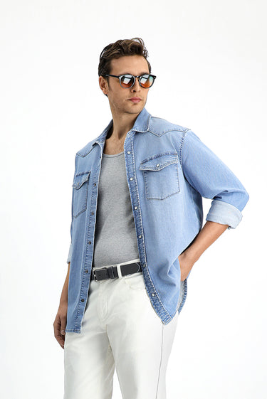 İndigo Uzun Kol Regular Fit Denim Pamuk Gömlek