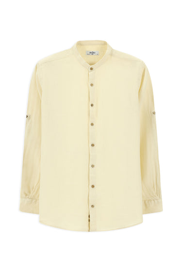 Ekru Uzun Kol Regular Fit Desenli Pamuklu Keten Gömlek