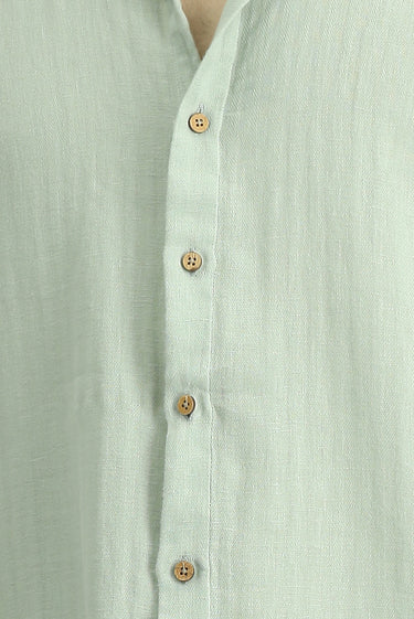 Mint Yeşili Uzun Kol Regular Fit Desenli Pamuklu Keten Gömlek