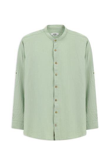 Mint Yeşili Uzun Kol Regular Fit Desenli Pamuklu Keten Gömlek