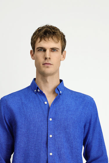 Saks Mavi Uzun Kol Regular Fit Düğmeli Yaka Pamuklu Keten Gömlek
