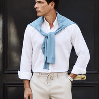 White Long Sleeve Regular Fit Button-Down Collar Cotton Linen Shirt