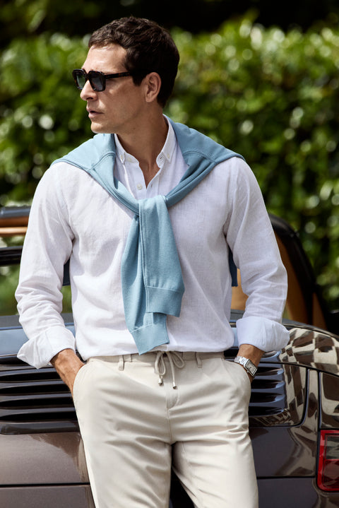 White Long Sleeve Regular Fit Button-Down Collar Cotton Linen Shirt