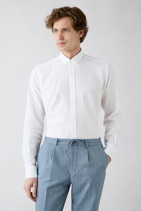White Long Sleeve Regular Fit Button-Down Collar Cotton Linen Shirt