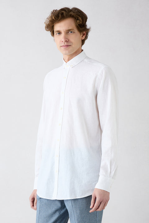 White Long Sleeve Regular Fit Button-Down Collar Cotton Linen Shirt