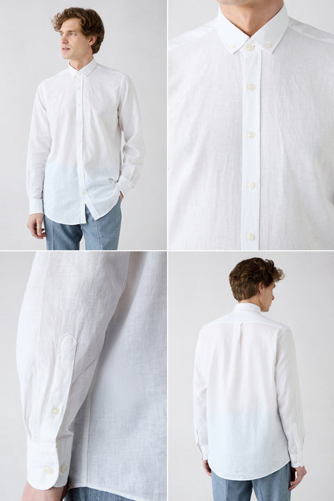 White Long Sleeve Regular Fit Button-Down Collar Cotton Linen Shirt