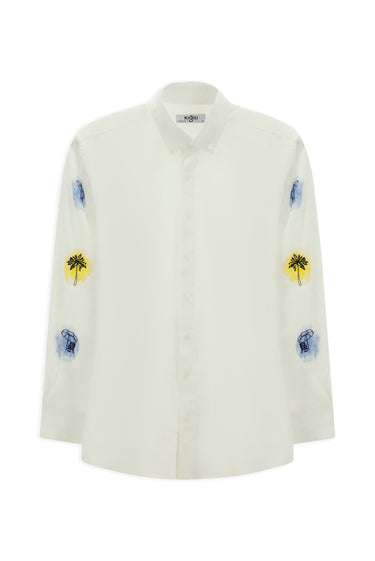 Beyaz Uzun Kol Regular Fit Desenli Keten Gömlek