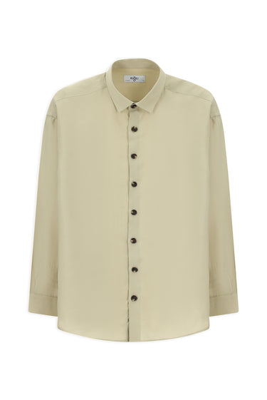 Açık Bej Uzun Kol Oversize Lyocell Karışımlı Gömlek