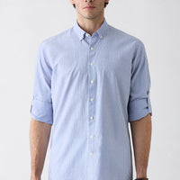 Blue Long Sleeve Regular Fit Button-Down Striped Cotton Easy Iron Shirt